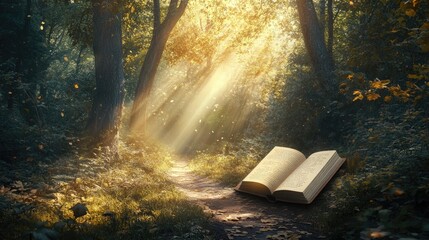 Poster - A serene forest scene with an open book on the path, illuminated by golden sun rays.