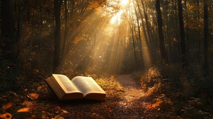 Poster - A serene forest scene with an open book on the path, illuminated by golden sun rays.