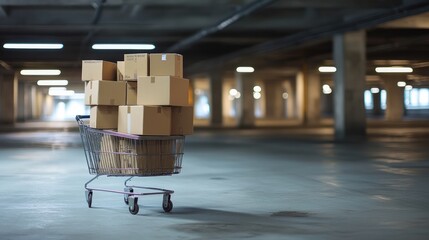 Poster - A shopping cart full of cardboard boxes stands in a vacant parking garage, representing logistics, delivery, and urban storage concepts.