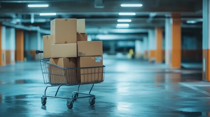 Poster - A shopping cart full of cardboard boxes stands in a vacant parking garage, representing logistics, delivery, and urban storage concepts.