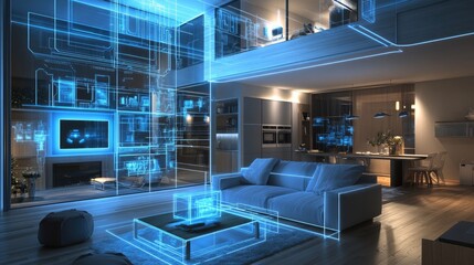 Poster - A smart home with digital hologram lines, highlighting the blend of modern interior design and advanced digital circuits.