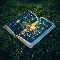 Poster - Exploring the cosmos open astronomy book on grass under stars illustrations of constellations illuminated at night