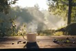 © ANZ - Steaming coffee cup on wooden table outdoors at sunrise. (1)