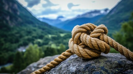 Aufkleber - A tightly tied rope knot anchored to a large rock with a dramatic mountain landscape in the background.