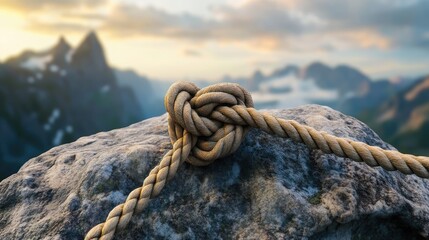 Aufkleber - A tightly tied rope knot anchored to a large rock with a dramatic mountain landscape in the background.