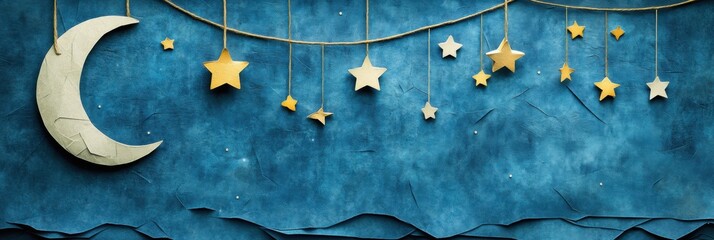 Poster - A whimsical holiday night showcases a crafted moon and shining stars suspended on strings, complemented by layered blue paper textures. Generative AI