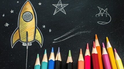 Wall Mural - A vibrant blackboard with a rocket sketch and colorful pencils around it, illustrating the concept of starting a new venture or idea.