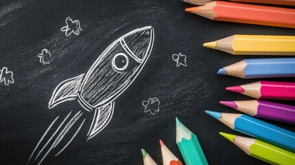 Wall Mural - A vibrant blackboard with a rocket sketch and colorful pencils around it, illustrating the concept of starting a new venture or idea.