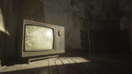 Poster - A vintage television in a forgotten, dim room with peeling walls, symbolizing the decay of time and memories.