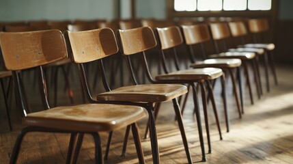 Aufkleber - A vintage-inspired classroom featuring empty wooden chairs, perfect for the back-to-school concept with a warm, inviting tone.
