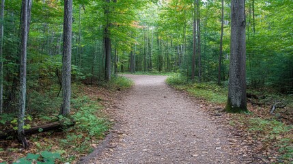 Poster - A tranquil forest pathway winds through lush woods, inviting peaceful exploration amid the colorful foliage of early autumn. Generative AI
