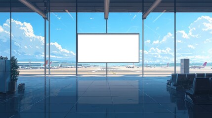 Aufkleber - A wide airport terminal with a blank screen and large windows, displaying planes on the runway against a backdrop of clear blue skies.