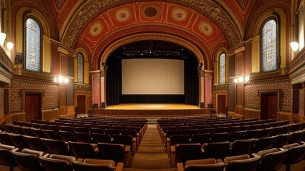 Poster - A wide view of an empty auditorium with a large screen, ready for a lecture or performance.