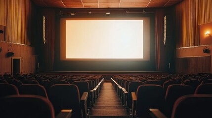 Poster - A wide view of an empty auditorium with a large screen, ready for a lecture or performance.
