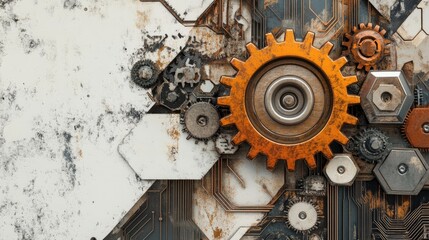 Poster - Abstract digital illustration of a gear wheel, hexagons, and circuits, representing the dynamic world of technology and innovation.