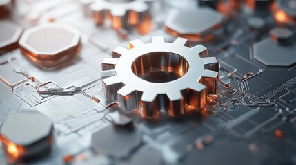 Poster - Abstract digital illustration of a gear wheel, hexagons, and circuits, representing the dynamic world of technology and innovation.