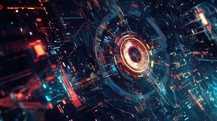 Poster - Abstract tech background filled with interconnected lines, nodes, and digital patterns, highlighting technological progress and innovation.
