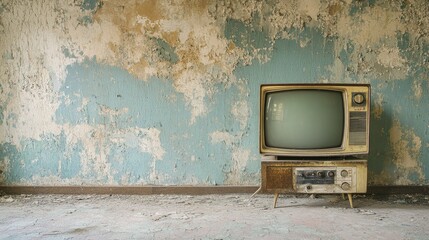 Poster - An abandoned room with an old television set, peeling walls, and dim lighting, evoking a sense of decay and forgotten memories.