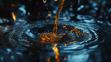 Poster - Water droplets create ripples in a dark, illuminated environment showcasing movement and fluidity