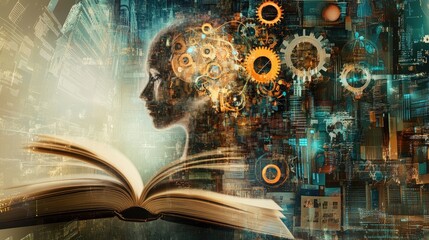 Poster - An abstract collage of education and intelligence, featuring symbols of learning, gears, books, and digital elements, blending modern technology with traditional knowledge.