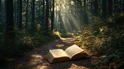Poster - An open book resting on a forest path, bathed in soft sunlight filtering through tall trees.