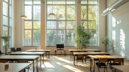 Aufkleber - Bright and airy classroom with desks arranged for students, large windows letting in natural light.