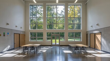 Aufkleber - Classroom with a minimalist design, featuring large windows and organized desks for a productive learning environment.