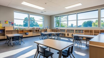 Aufkleber - Classroom with a minimalist design, featuring large windows and organized desks for a productive learning environment.