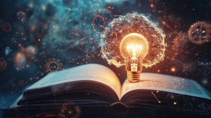 Poster - Conceptual collage of education success: a brain, gears, a glowing book, and a lightbulb symbolizing knowledge, AI, and online learning.