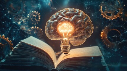 Poster - Conceptual collage of education success: a brain, gears, a glowing book, and a lightbulb symbolizing knowledge, AI, and online learning.