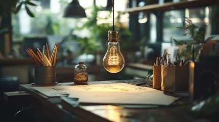 Poster - Conceptual flat lay of a light bulb and sketches, representing the illumination of complex ideas and creative insights.