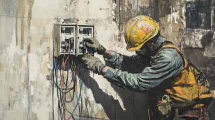 Poster - Electrician in safety gear carefully wiring a new electrical socket on a construction site, focused and precise work.
