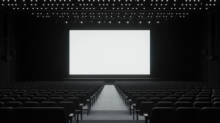Aufkleber - Modern auditorium featuring a vast space, rows of empty seats, and a massive screen awaiting an event.