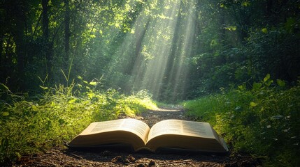 Poster - Open book on a green forest trail, surrounded by the beauty of nature and gentle rays of sunlight.