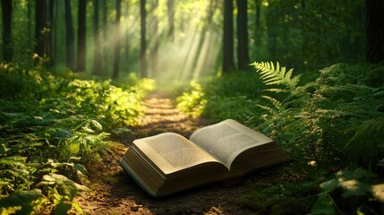 Poster - Open book on a green forest trail, surrounded by the beauty of nature and gentle rays of sunlight.