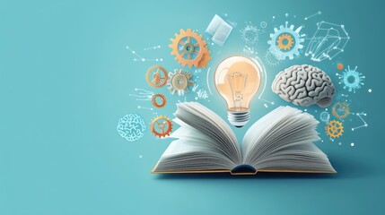 Poster - Visual concept of online education success, featuring a book, lightbulb, gears, and brain, illustrating learning in the digital age.