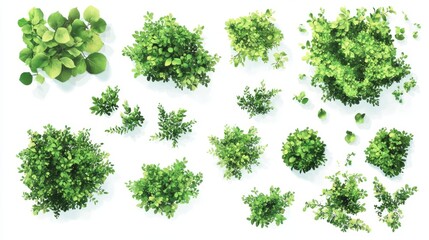 Fototapete - 26.A clean vector illustration set of green bushes on a white background, with each bush featuring lush, rounded shapes and layers of leaves. The collection includes a variety of sizes and shades of