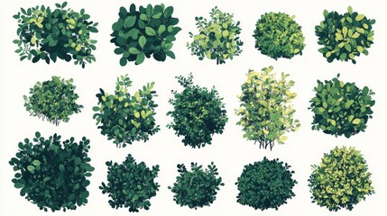 Fototapete - 28.A detailed vector set of bush illustrations against a white background, featuring various types of green bushes with rounded forms and overlapping foliage. Each bush has a unique arrangement of