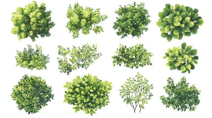 Fototapete - 28.A detailed vector set of bush illustrations against a white background, featuring various types of green bushes with rounded forms and overlapping foliage. Each bush has a unique arrangement of