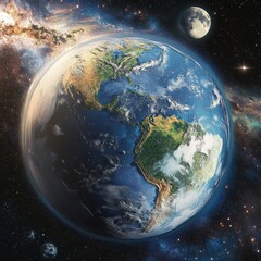 Wall Mural - earth from space with detailed continents and distant moon