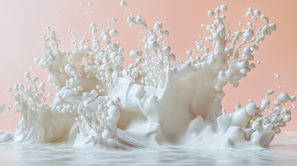 Poster - Milk splashes create dynamic shapes against a soft pastel background during a still life shoot