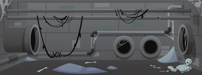 abandoned sewage sewer drainage pipes system with human skeletons cobwebs, vector cartoon basement p
