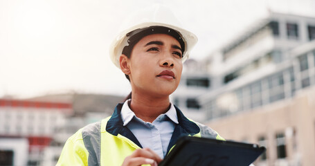 Poster - Woman, engineer and construction site with tablet, planning and thinking for project or development. Female person, technology and helmet for safety, infrastructure and industry as inspection expert