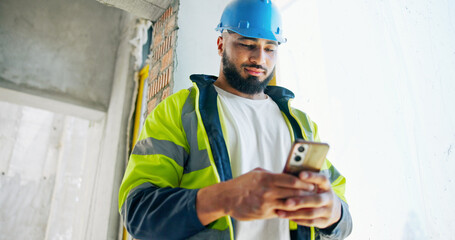 Aufkleber - Man, phone and construction worker with texting, reading and contact with info for building development. Engineer, smartphone and chat with low angle, notification and click on mobile app at property