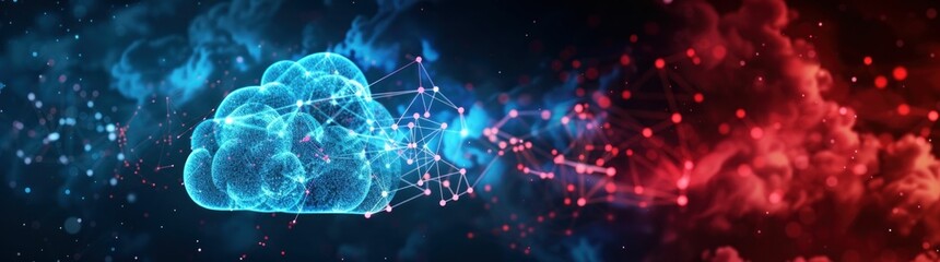 Poster - cloud computing, digital network, technology background, abstract design The image features a glowing cloud surrounded by vibrant blue and red hues, symbolizing data exchange and innovation in tech