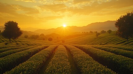 Poster - Golden sunlight bathes the lush green tea plantations as the sun sets behind distant hills, creating a picturesque view filled with tranquility and natural beauty.