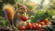 © BanklangArtshop - A playful squirrel enjoying fresh vegetables and tomatoes in a vibrant garden setting under soft sunlight.