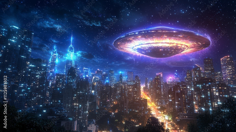 UFO Spaceship over Futuristic City at Night