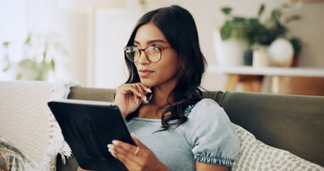 Aufkleber - woman, tablet and thinking on sofa with social media, connectivity or travel planning in home. girl,
