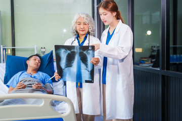 Two female doctors examine a patient lying on a hospital bed,discuss the medical chart,administer medicine,and provide encouragement, ensuring compassionate care and fostering the patient's recovery